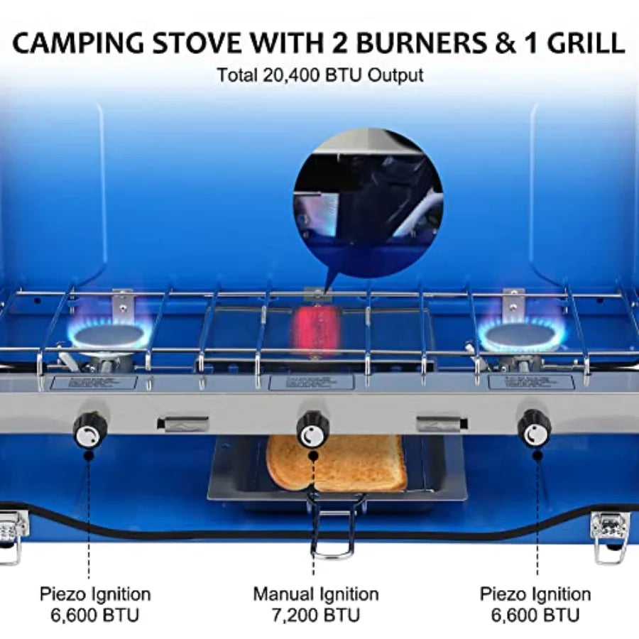 Camplux Camping Stove 20400 BTU 1 Grill and 2 Burners Propane Stove for Outdoor Cooking