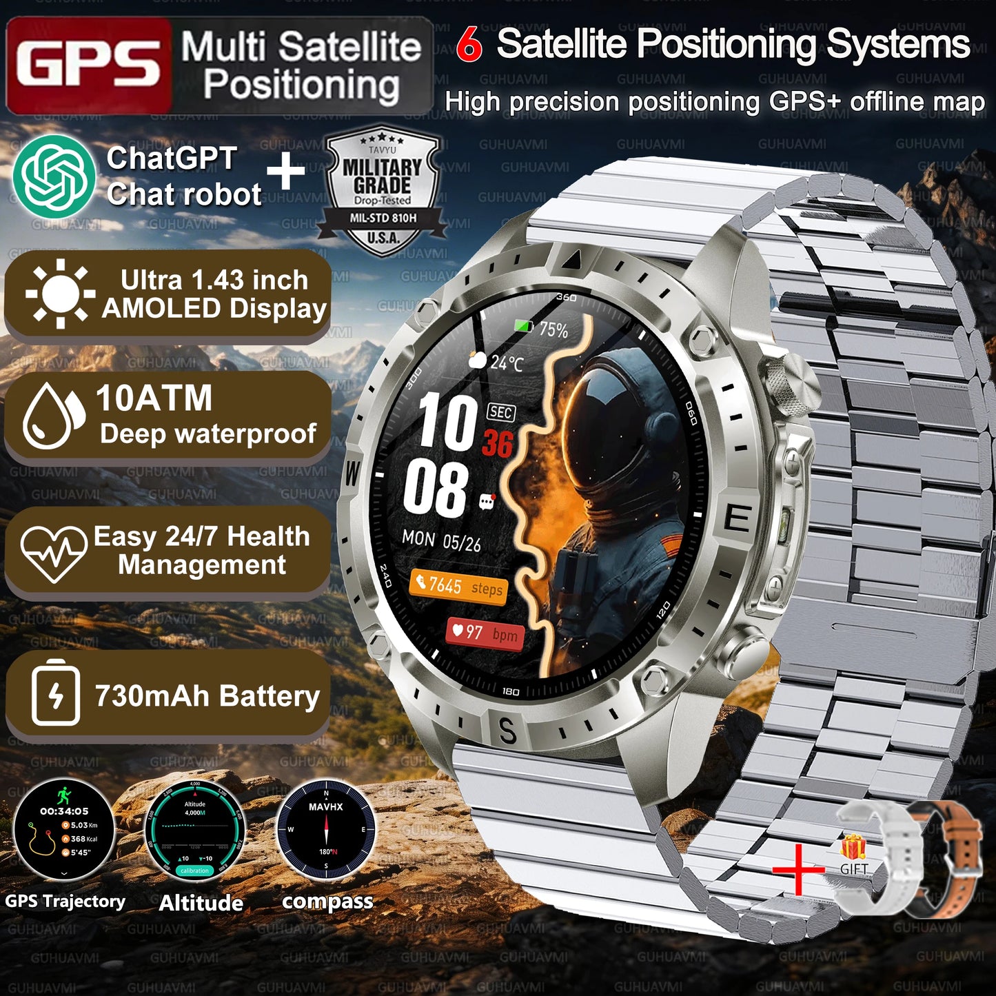 2026New Military Tank GPS SmartWatch Offline Map 10ATM Swim 2GB RAM Music Altitude Compass Bt Call Fitness Sports Smartwatch Men
