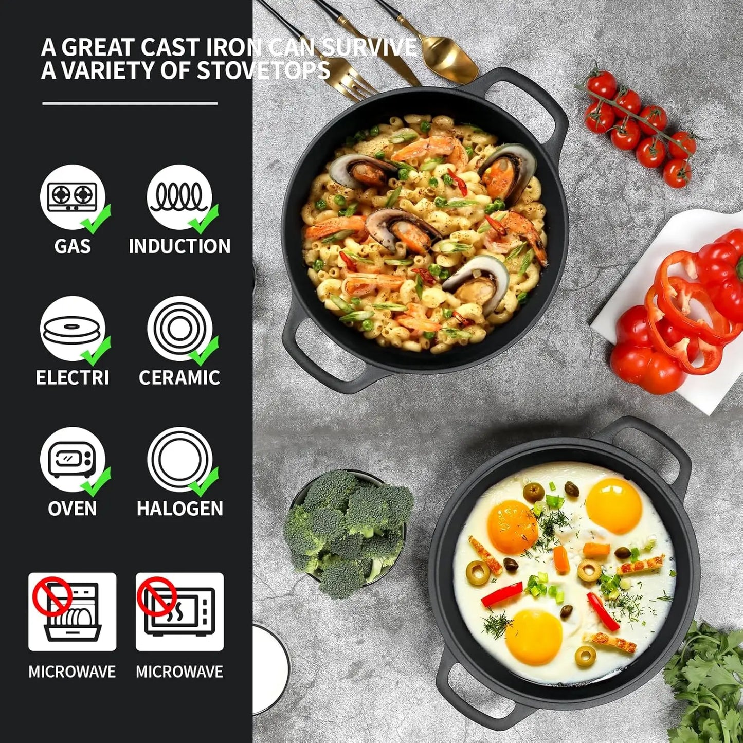 Pre-Seasoned Cast Iron Dutch Oven with Skillet Lid, 2-in-1 Cooking Pan Set, 7QT Dual Handles for Baking, Frying, Camping