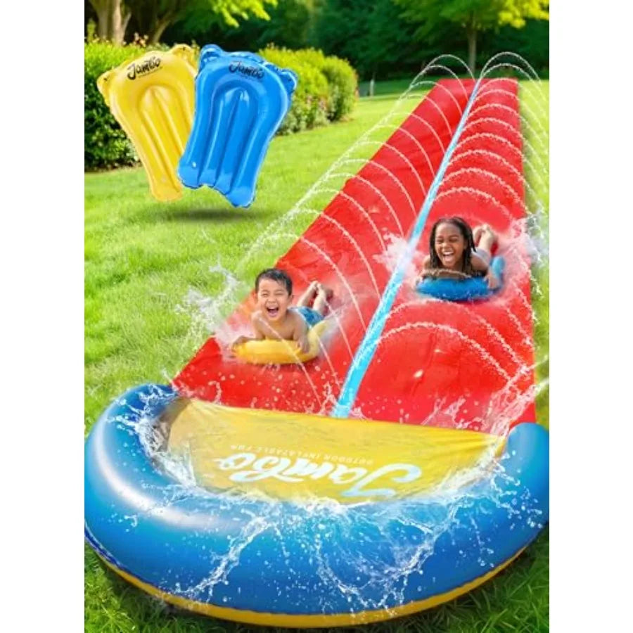 Backyard outdoor water fun: heavy duty inflatable water slide 31.5 ft extra long with 2 bodyboards, blue color, slip-resistant