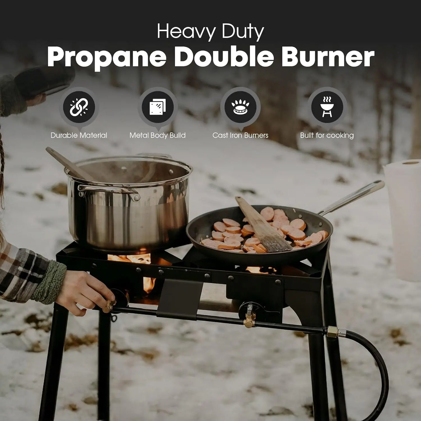 Double Propane Burner Camping Stove, Adjustable Height 4-Tier Legs, Cast Iron Portable Gas Stove for Outdoor Cooking