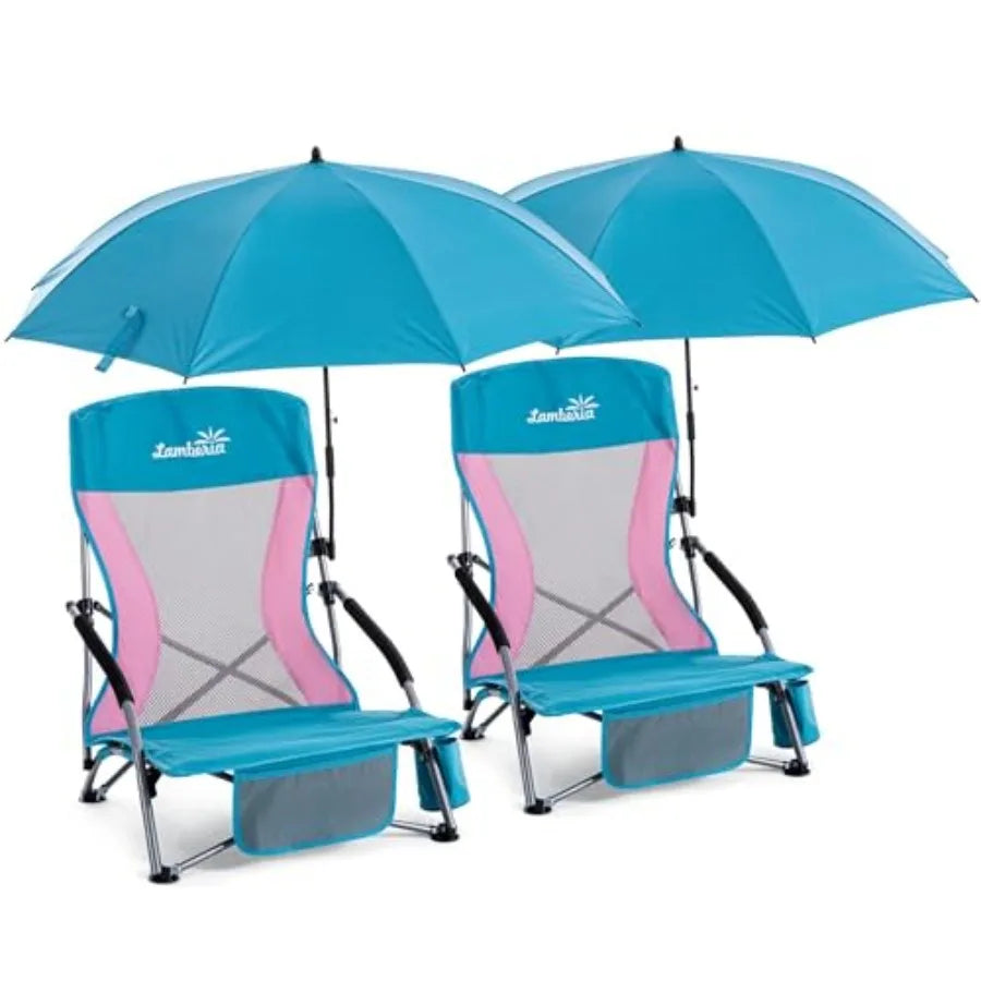 Folding Beach Chair with Umbrella for Adults, 2 Pack Portable Low Beach Chairs, 300lbs Capacity, Lightweight Foldable Camping C