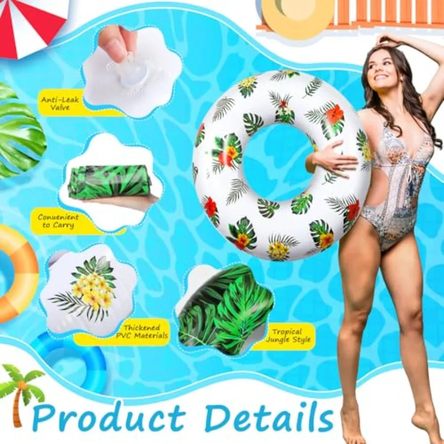 12 Pcs Large Inflatable Pool Float Tubes for Adults 32 Inches Tropical Leaves and Animal Patterns Swimming Rings Tube Floaties