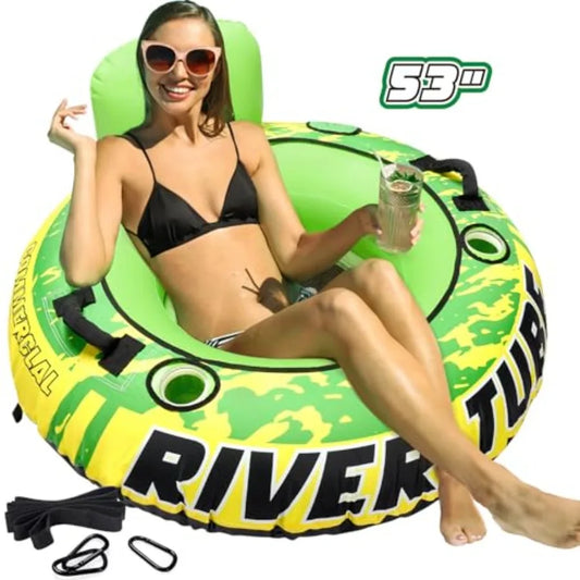 53 Heavy Duty River Tube for Floating with Canvas Cover Inflatable Water Tube with Cup Holders Handles Headrest 300lb Capacity