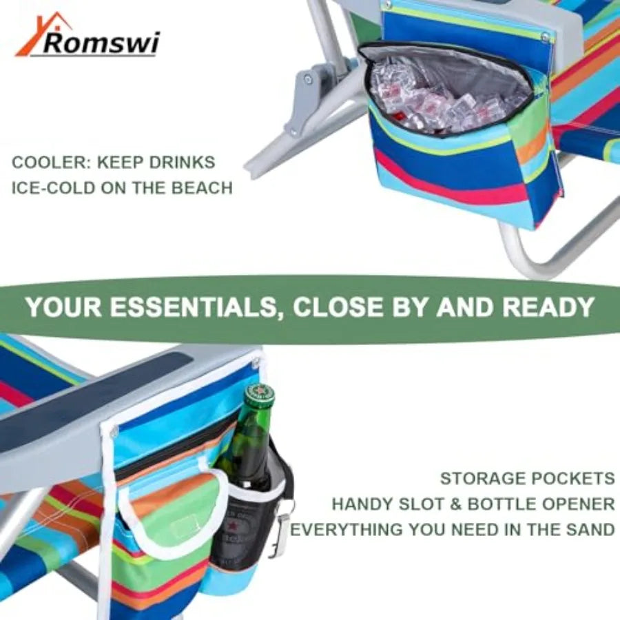 2Pk Aluminum Extra Wide 5-Position Lay Flat Folding Backpack Beach Chairs for Adults, with Cooler Bag, CupPhone Holder, Towel B