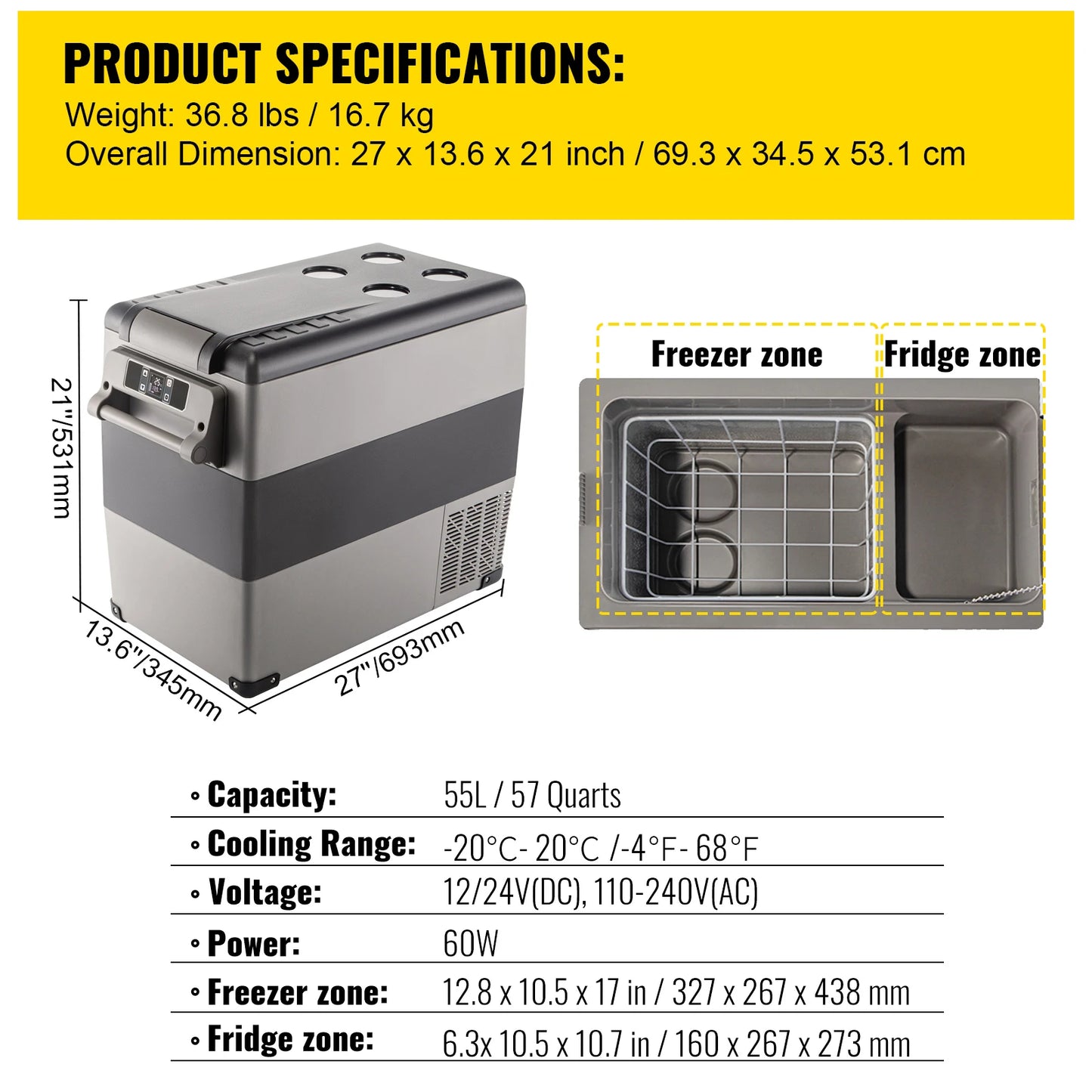 55L Car Refrigerator Mini Fridge Freezer Portable Compressor Cooler DC 110-240V Ice Box for Camping Picnic