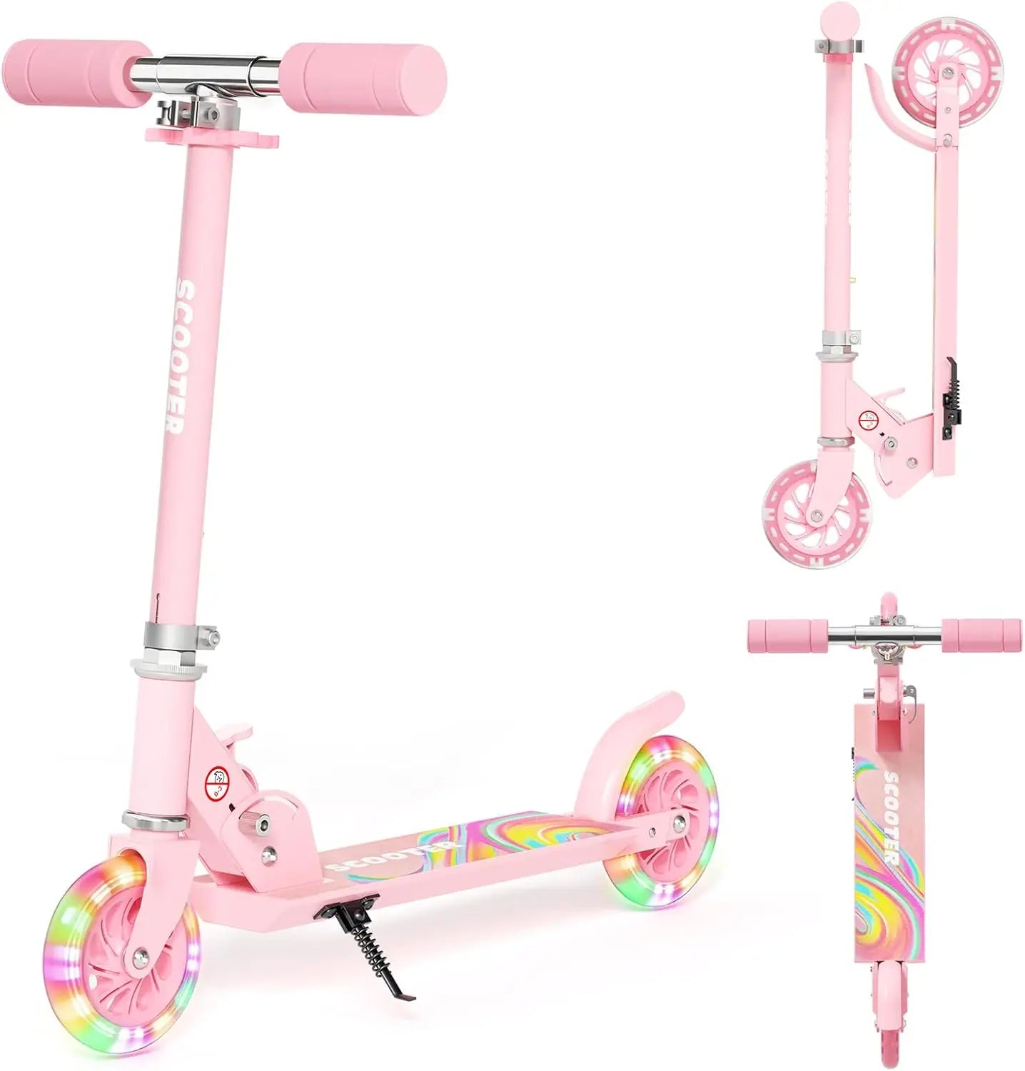 Lightweight Foldable Kick Scooter for Boys Girls Ages 3-8, Two Wheel Scooter Equipped with 3-Level Adjustable Handlebar, Rear Brake & Light-Up ABEC-10 Wheels, Suitable for Kids and Teens Outdoor Sports