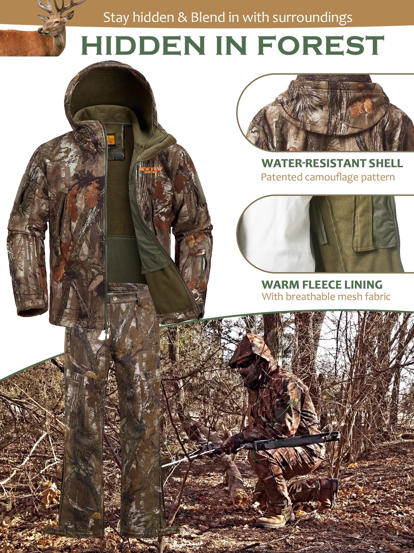 Camo Hunting Suit for Men - Water-Resistant Jacket and Pants with Warm Fleece Lining, Ideal for Cold Weather Hunting