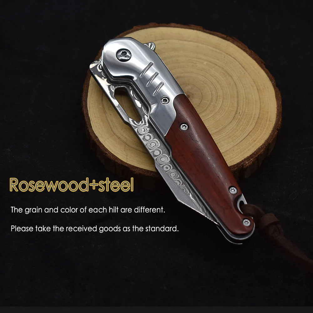 Damascus Steel Rosewood+steel Handle Ball Bearing Knife Outdoor Fishing Hiking Portable Pocket Knife