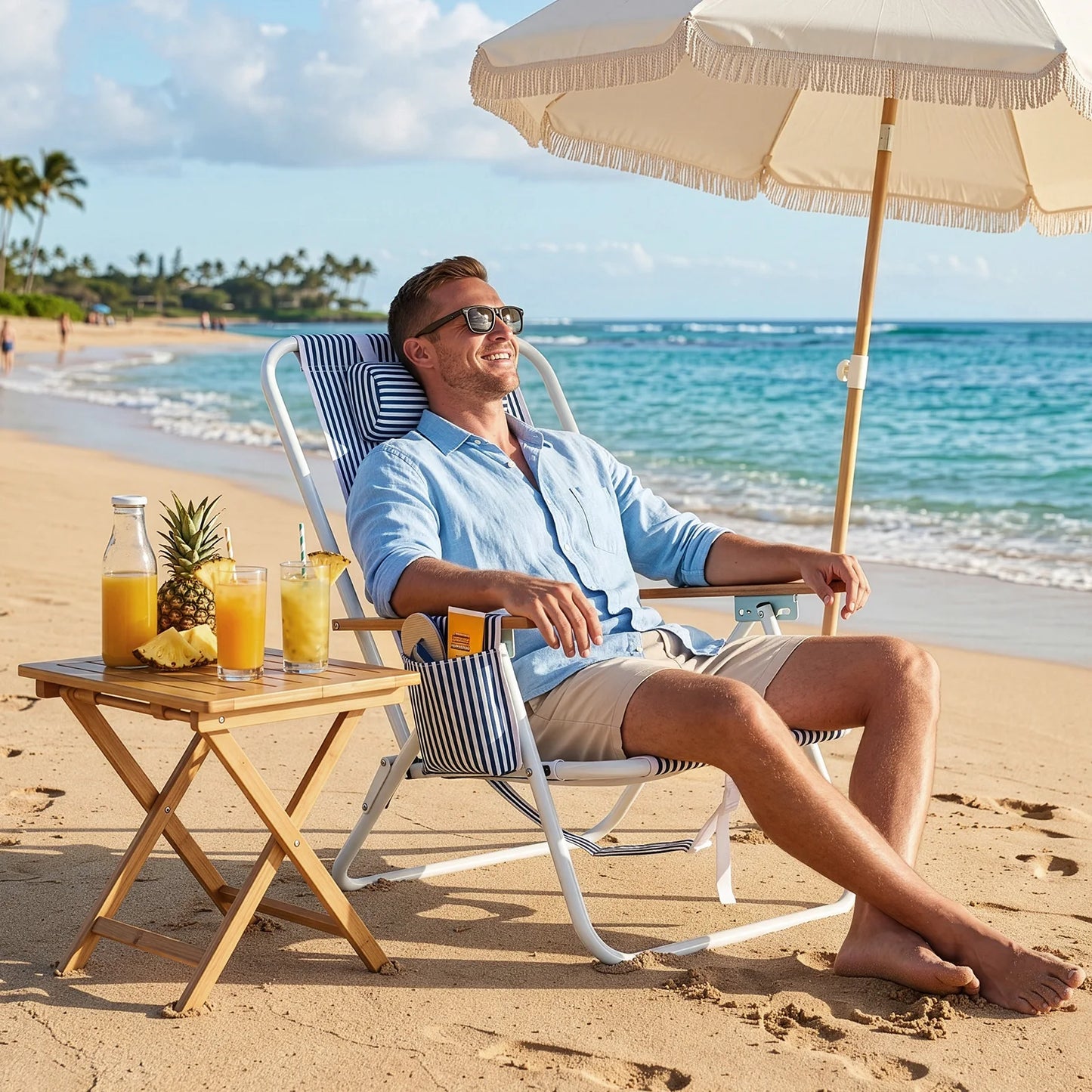 4-Position Adjustable Backpack Beach Chair, Foldable Rustproof Aluminum Frame Lounge Chair with Wooden Armrest, Side Storage Pockets & Detachable Pillow, 24"×22"×37" Outdoor Patio Camping Lawn Chair Holds up to 265 LBS, Blu