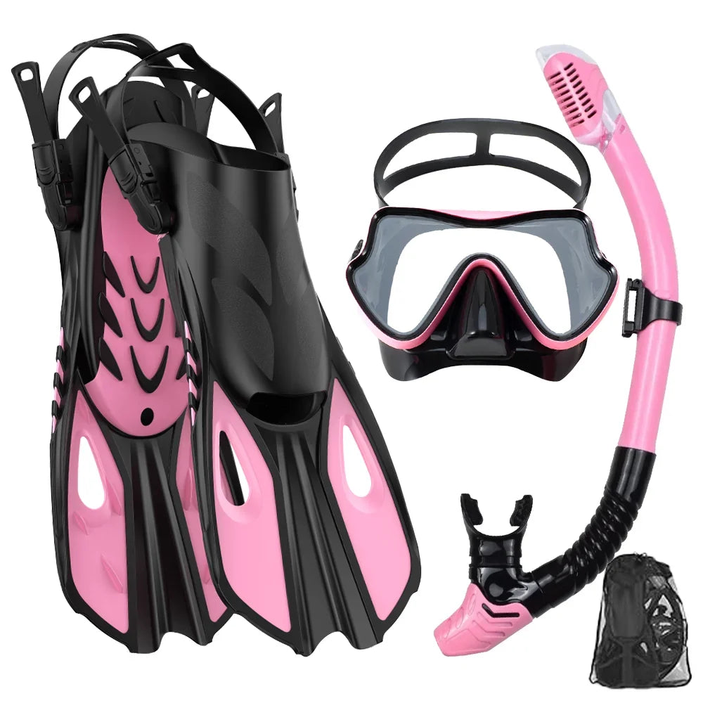 Mask Fin Snorkel Set Snorkel Gear for Adult Panoramic View Snorkel Mask Adjustable Dive Flipper Dry Top Snorkel and Travel Bag