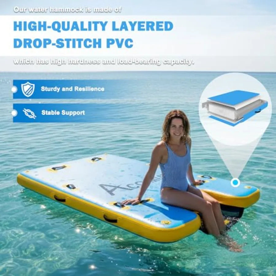 Inflatable Floating Dock With Dog Ramp For Lake Pool Beach Boat Use, Drop Stitch Material, Blue, 6 Inch Thick Heavy-Duty Portab