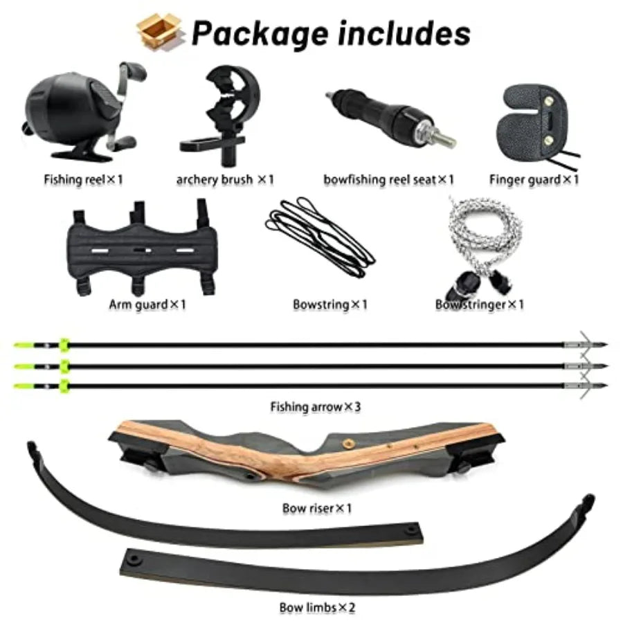 62 Hunting Recurve Bow Archery Set for Adults 25-50lbs Right Hand with 3pcs Bow Fishing Arrows in Black and Yellow