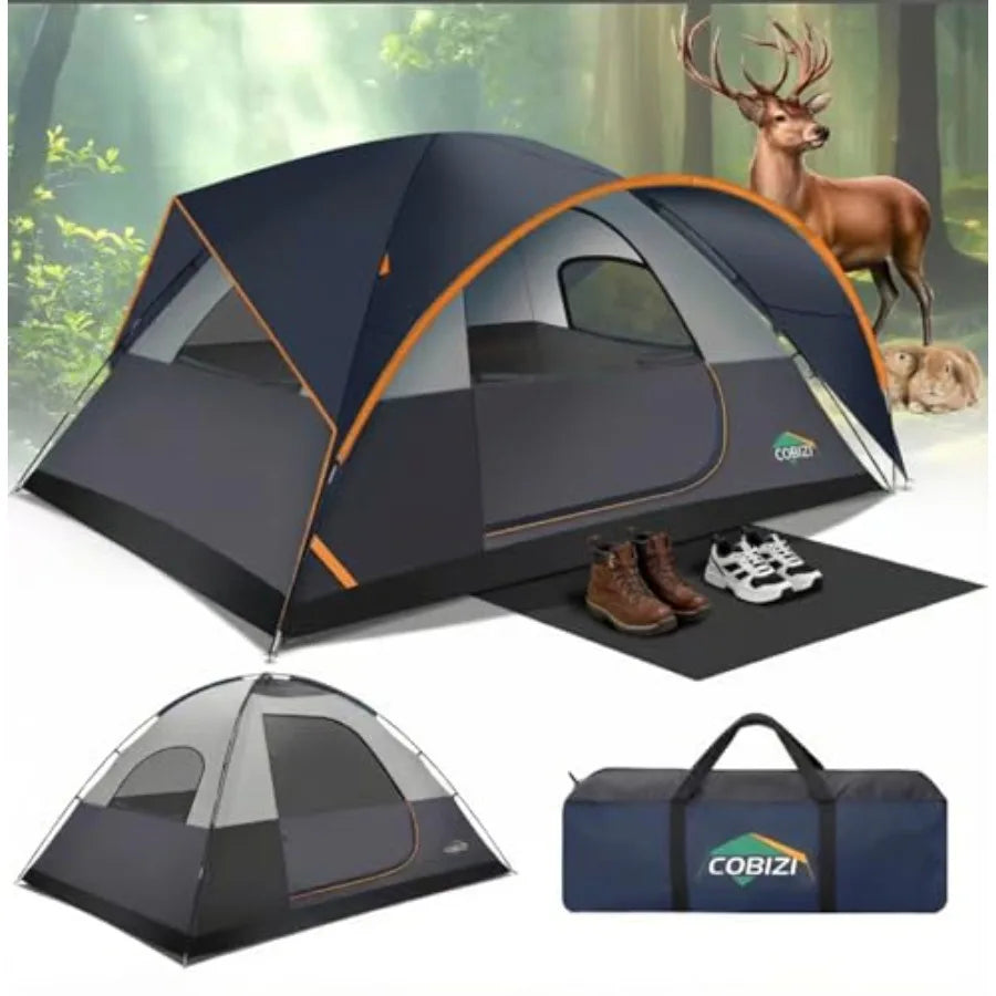 Camping tent for family use, polyester fabric, green, spacious interior with 3500mm waterproof double-layer windproof design