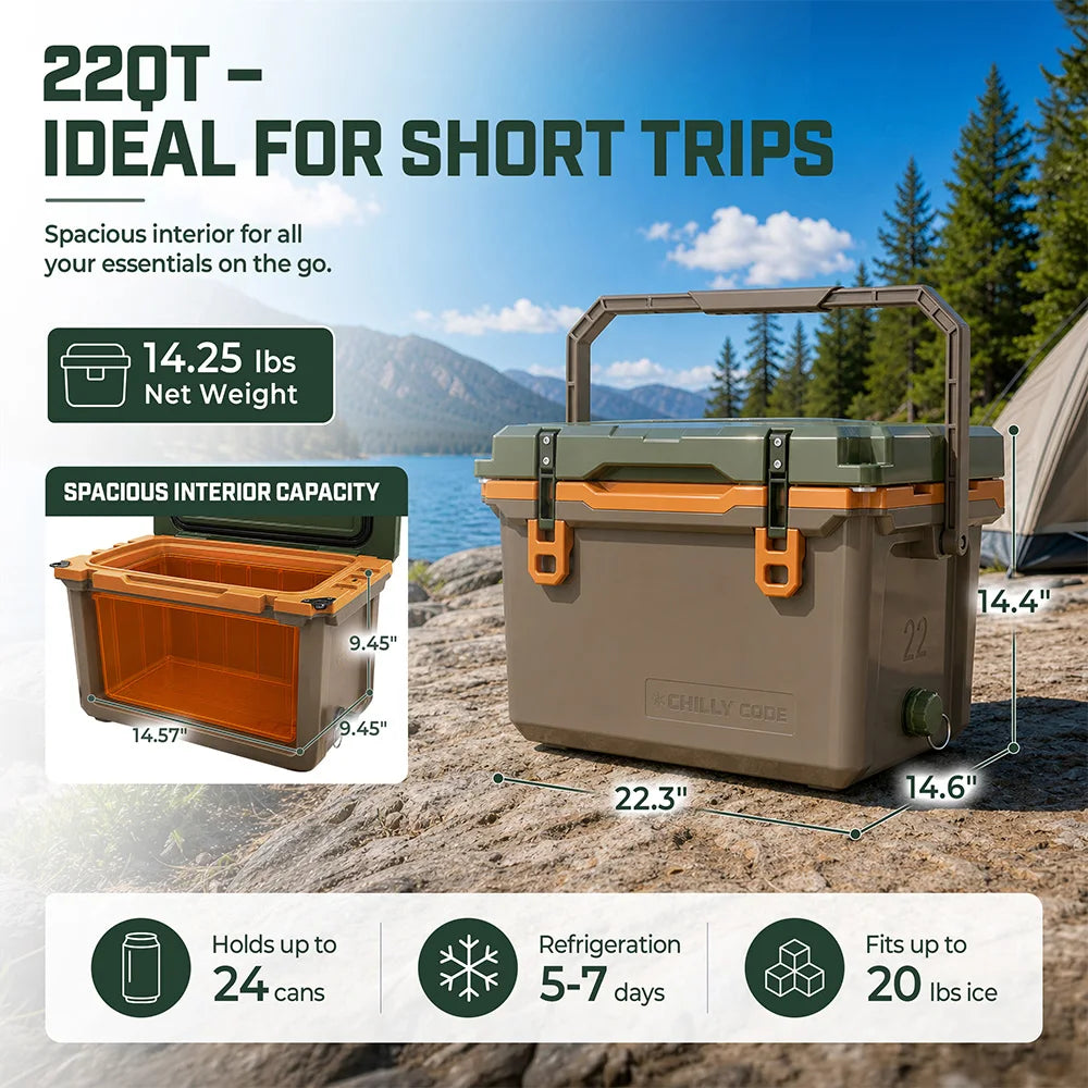ChillyCode Khaki Grey Ultra Light Hard Cooler, 22QT Refrigerator 7-Day Cooling Leak Proof and Heavy-duty With All Terrain Wheels Suitable For Camping Beach Fishing Boat and Outdoor