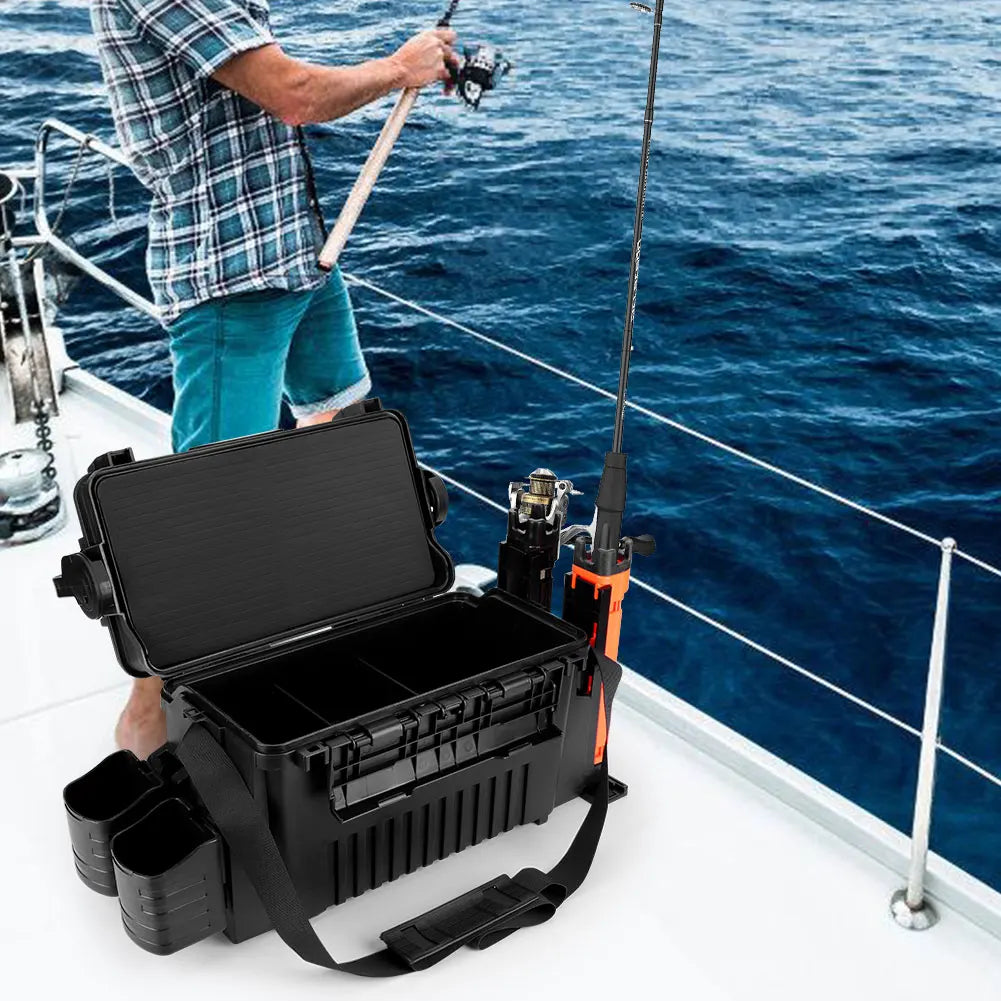 2 Tier Fishing Tackle Box Fishing Gear Box with Cup & Rod Holder Fishing Tackle Storage Box Fishing Tool Box Fishing Accessories