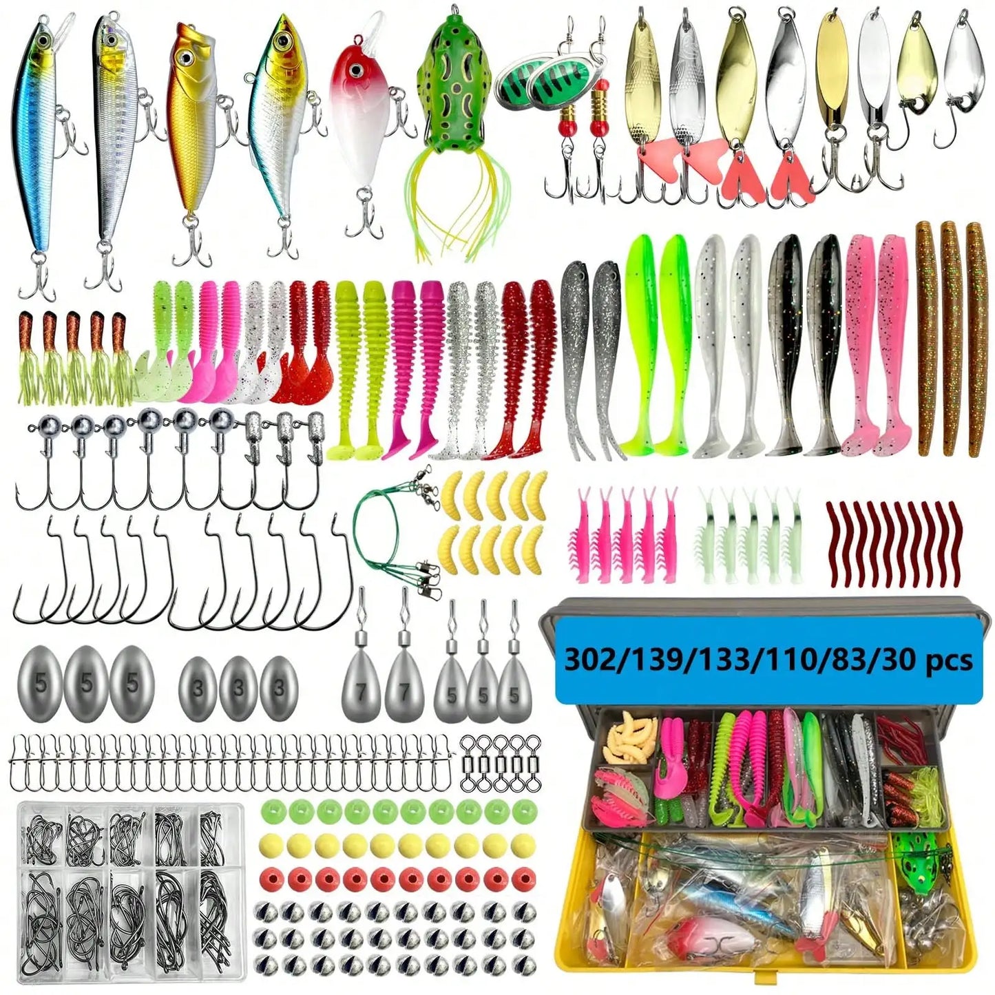 Fishing Lures Kit 30/83/133/110/139/302pcs/Set For Topwater Bait Rigs Tackle Kit For Bass Trout Salmon Fishing Accessories Far Throw Lure Set