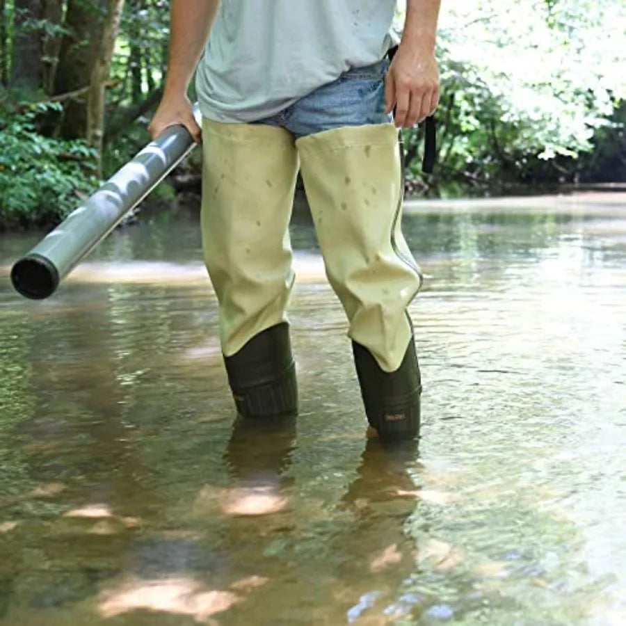 Fishing bootfoot hip wader for outdoor use, waterproof PVC canvas material, black color, 3-ply durable construction with felt s