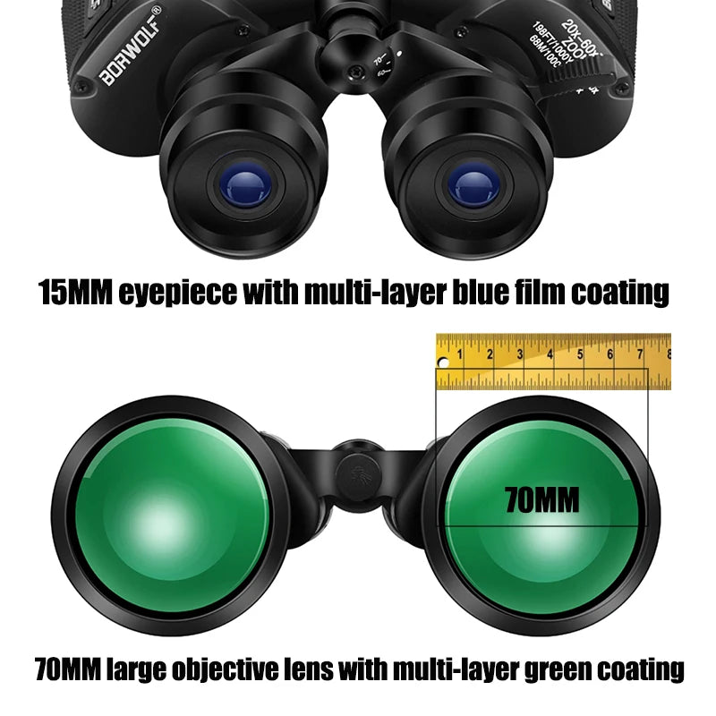 BORWOLF 20-60X70 Binoculars Telescope HD  Bak4 Prism Professional Zoom Powerful for Hunting Bird Watching