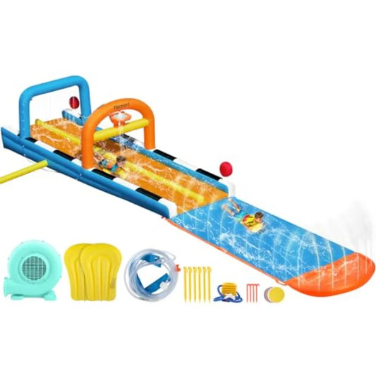 33FT Inflatable Water Slide with Blower for Backyard 2 Lanes Lawn Water Slip Waterslide with 2 Body Boards Summer Toy Built-in
