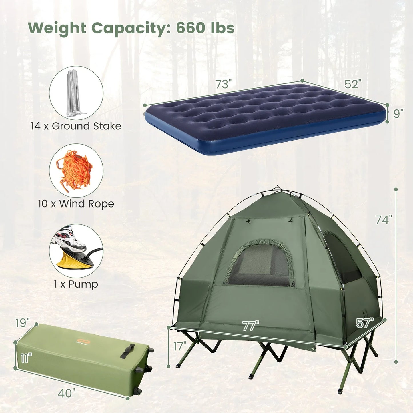 2-Person Compact Portable Tent/Camping Cot w/ Air Mattress & Sleeping Bag