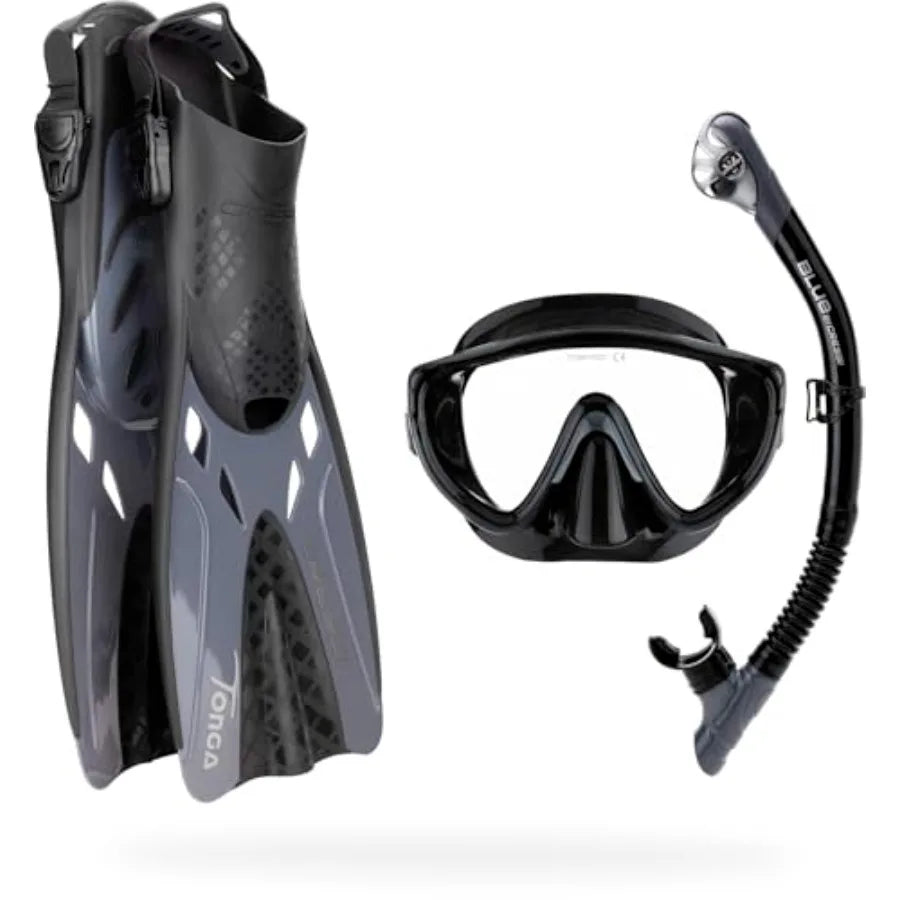 Snorkeling Set for Travel: Silicone Mask Short Adjustable Fins Dry SnorkelCompact Adventure Set Italian Design Black/Blue Light