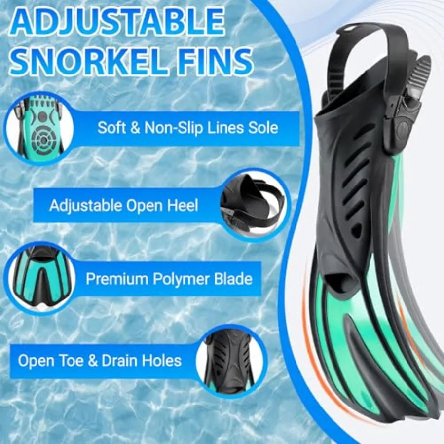 3 Window Snorkeling Gear for Adults, 4 in 1 Snorkel Mask Fins Set with Snorkel Mask, Dry Top Snorkel, Adjustable Short Fins and