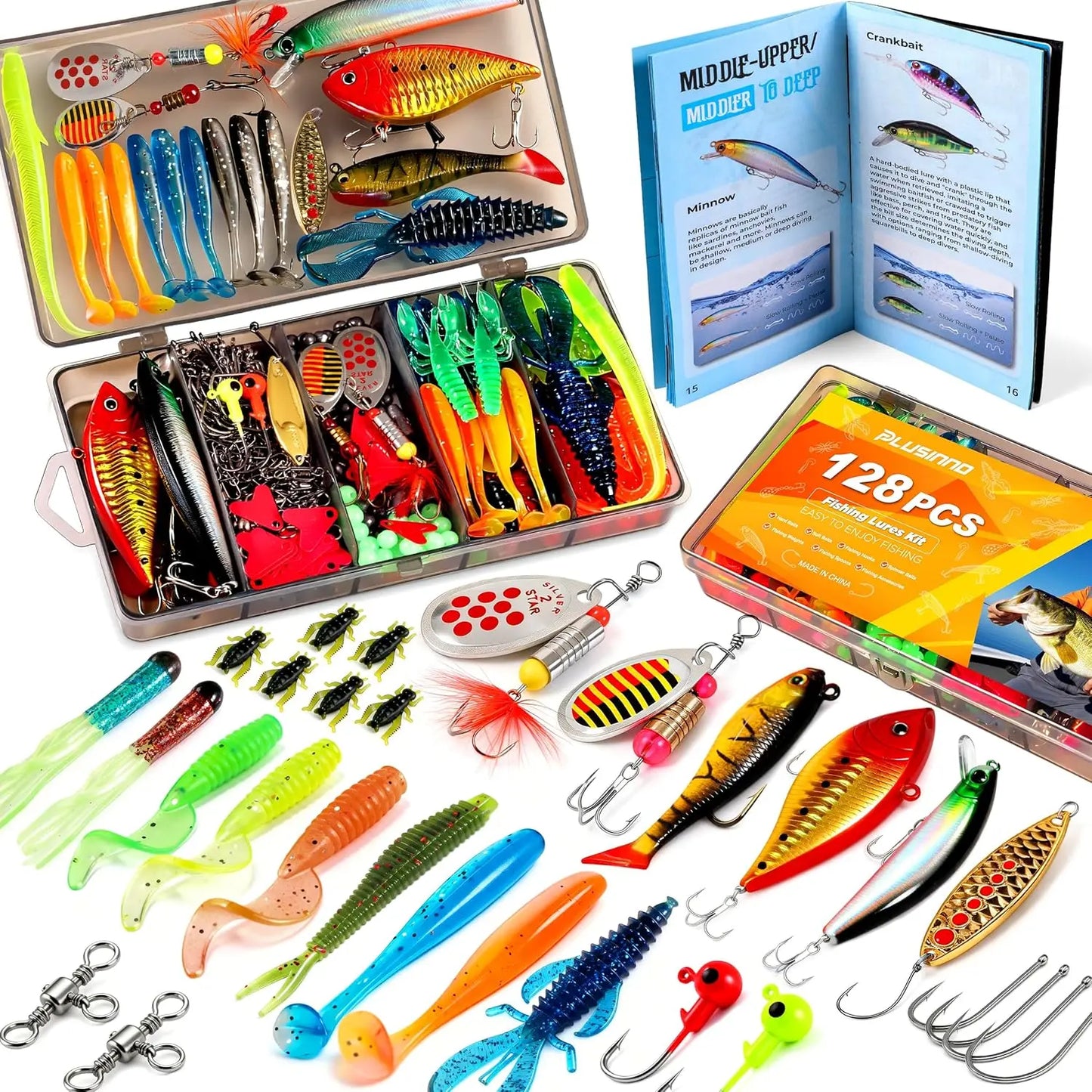 All-in-One Fishing Tackle Box with 128pcs Lures & Accessories Kit for Freshwater Bass Trout, Complete Fishing Gear Set for Men Dad Beginners, Portable Organized Gift