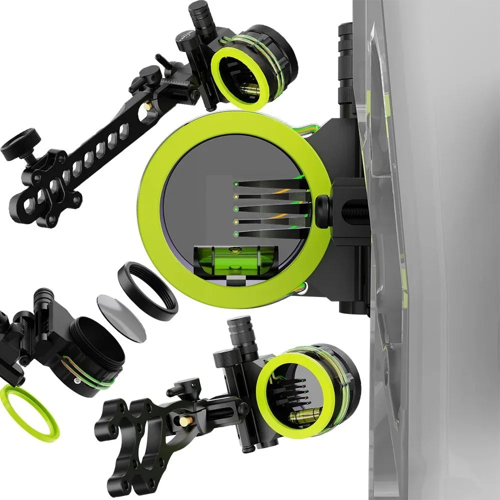 Compound Bow Sight CNC Machined Alloy 5 Pin 0.019 Inch Fiber Optic with Optional 4X 6X 8X Lens for Left Right Hand Archery Hunting Accessory