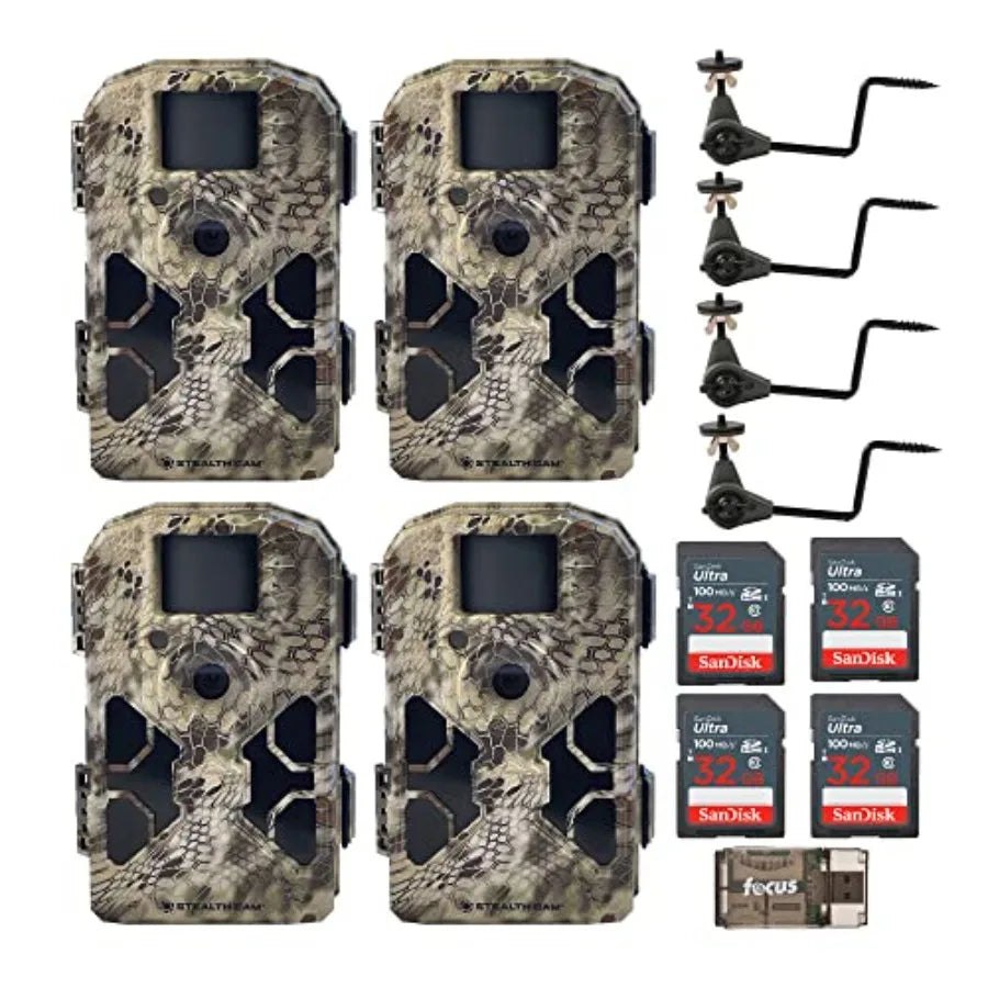 Trail camera bundle for outdoor wildlife monitoring: 32MP resolution, no-glow flash, 100-ft IR range, Kryptek camo finish, incl