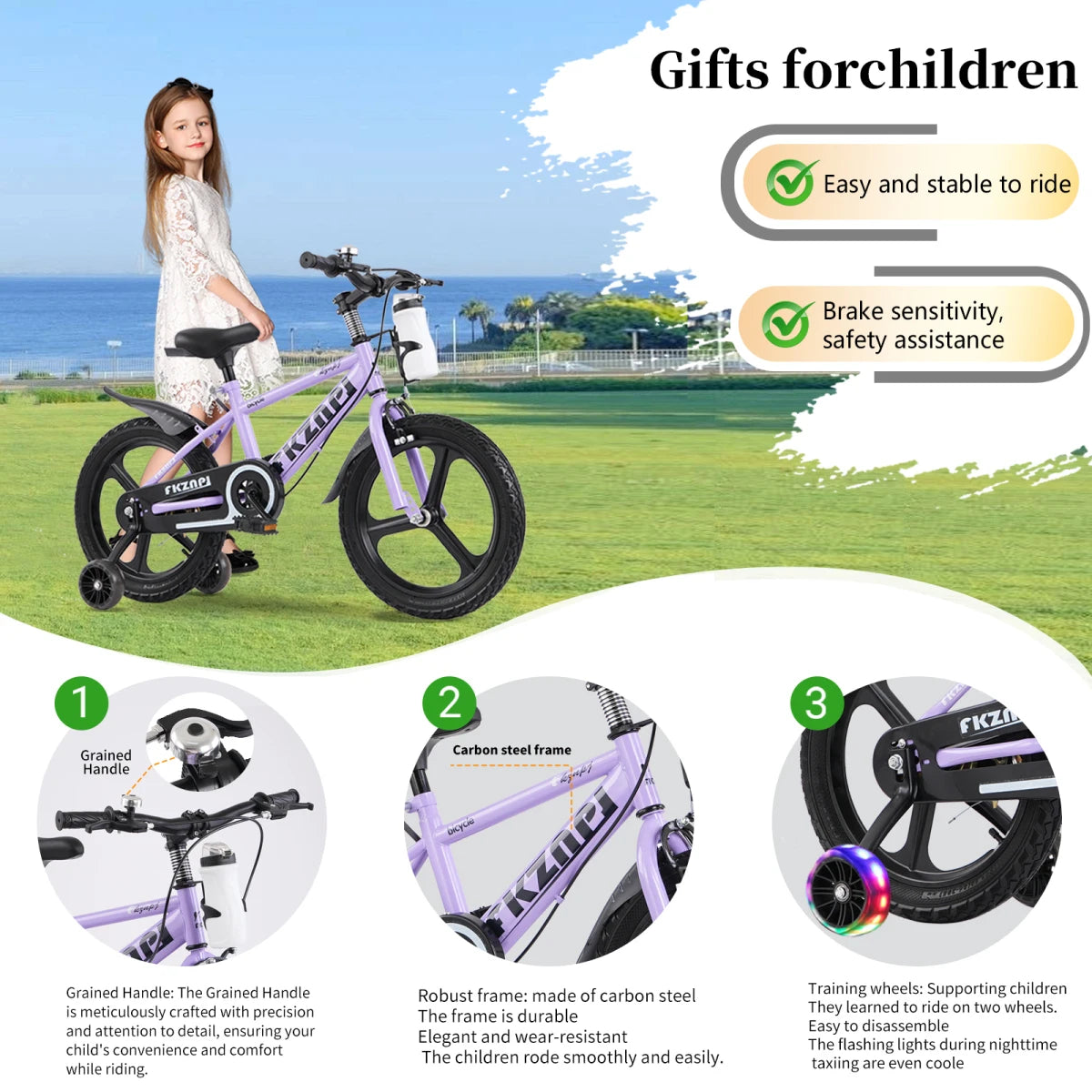 FKZNPJ Kids Bike 16 Inch – High Carbon Steel Frame, Magnesium Alloy Wheels, Training Wheels with Night Glow, Adjustable Seat, Water Bottle – Girls & Boys Bicycle Ages 3-9, Toddler Bike