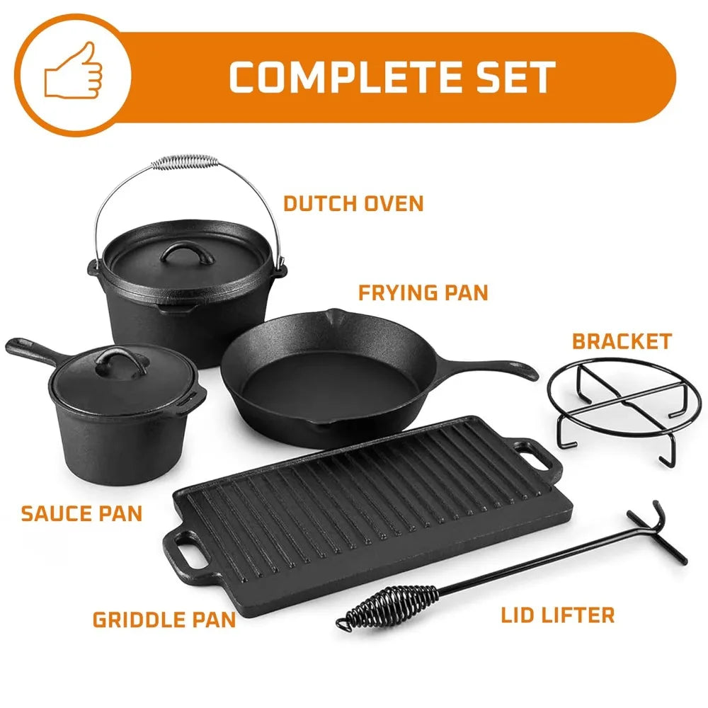 Camping Cook Set of 7 Pre-Seasoned Cast Iron Pots Pans Dutch Oven with Lids Outdoor Campfire Grill Skillet Set with Storage Box