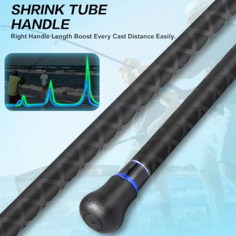 Surf fishing rod for travel use, carbon fiber material, black color, 4-piece portable design with MH/H power and 10'/11'/12'/15