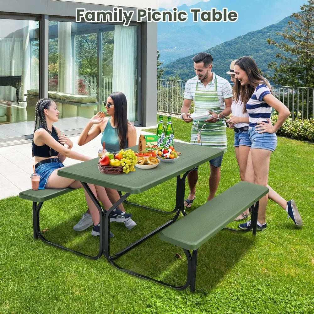 Portable Picnic Table Bench Set for 4, Heavy-Duty Steel Frame & Resin Top, All-Weather Outdoor Camping BBQ Garden Green