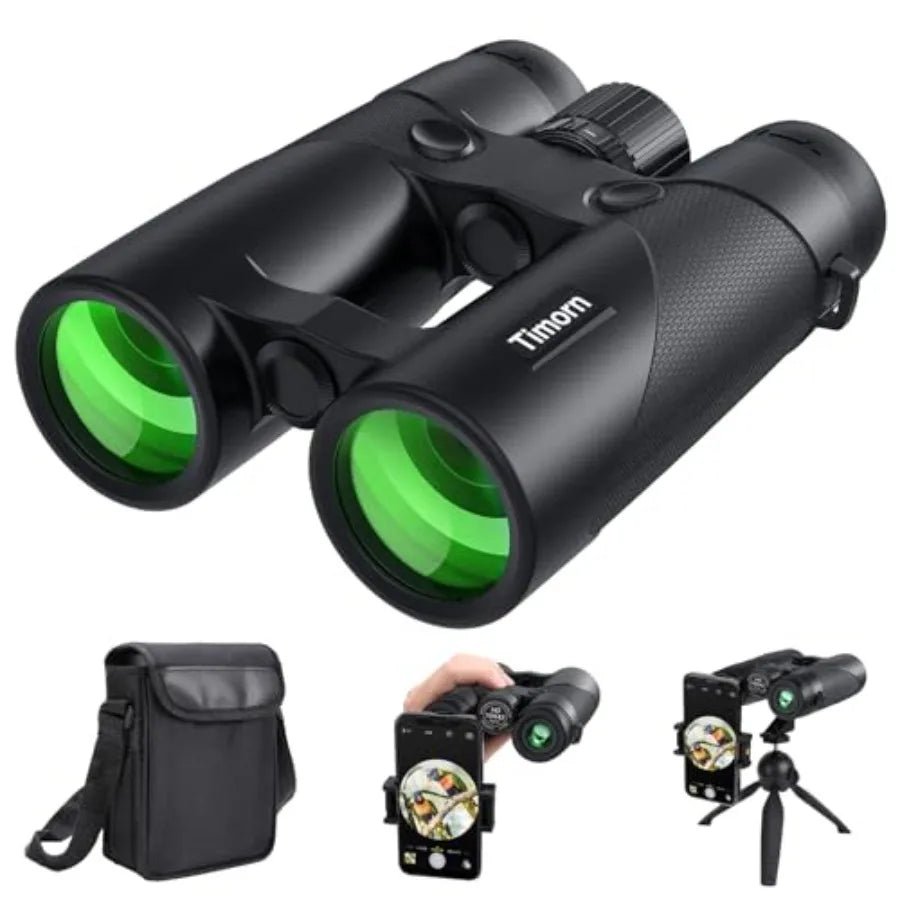 10x42 HD binoculars for bird watching: lightweight waterproof fogproof rubber-armored black optics with phone adapter and tripo