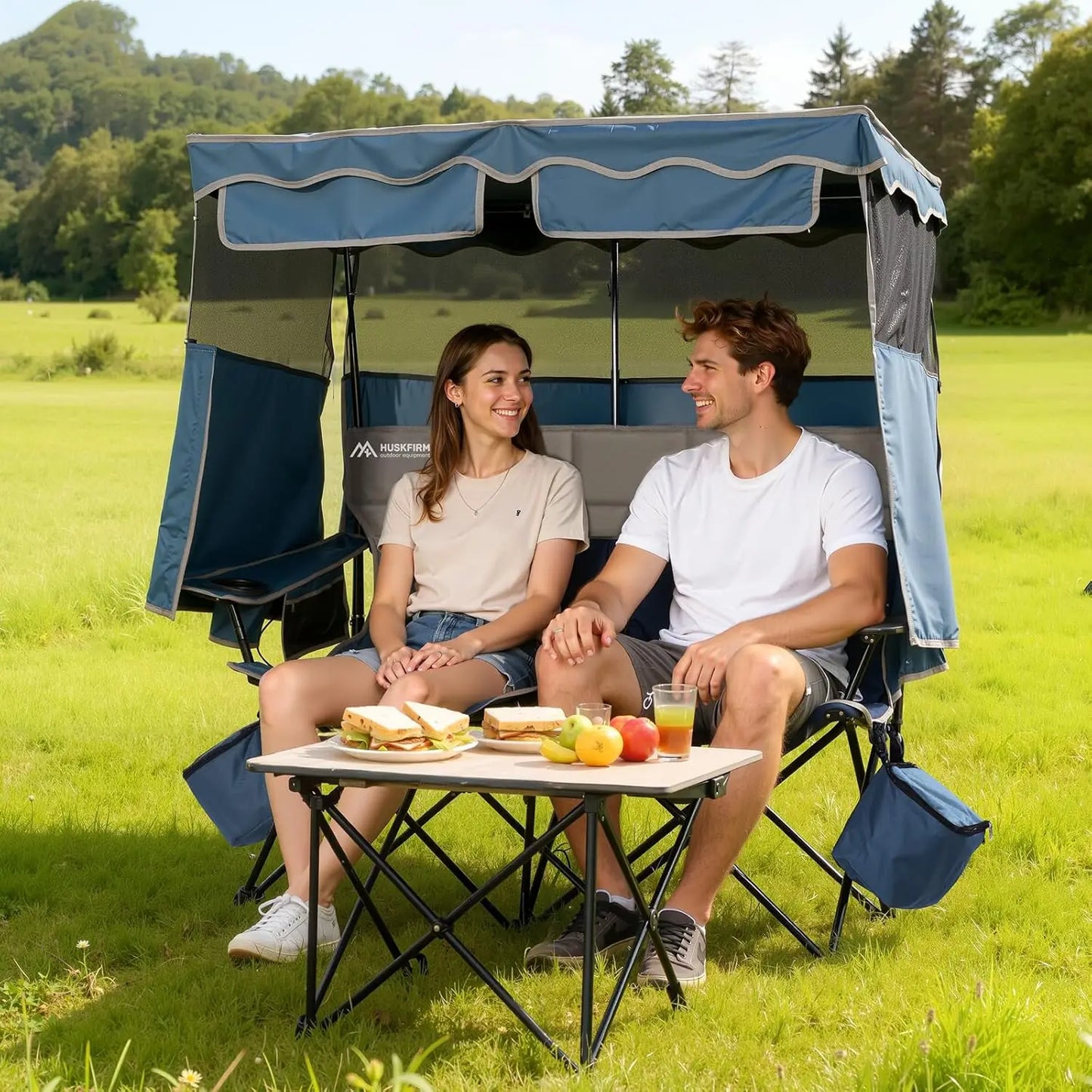 Double Camping Chair with Removable Canopy, Cup Holders & Cooler Bag for Beach, Fishing, Outdoor Use