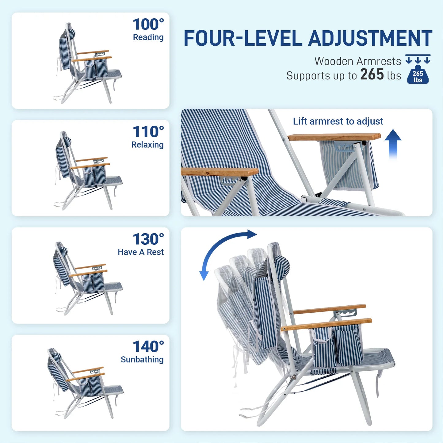 4-Position Adjustable Backpack Beach Chair, Foldable Rustproof Aluminum Frame Lounge Chair with Wooden Armrest, Side Storage Pockets & Detachable Pillow, 24"×22"×37" Outdoor Patio Camping Lawn Chair Holds up to 265 LBS, Blu