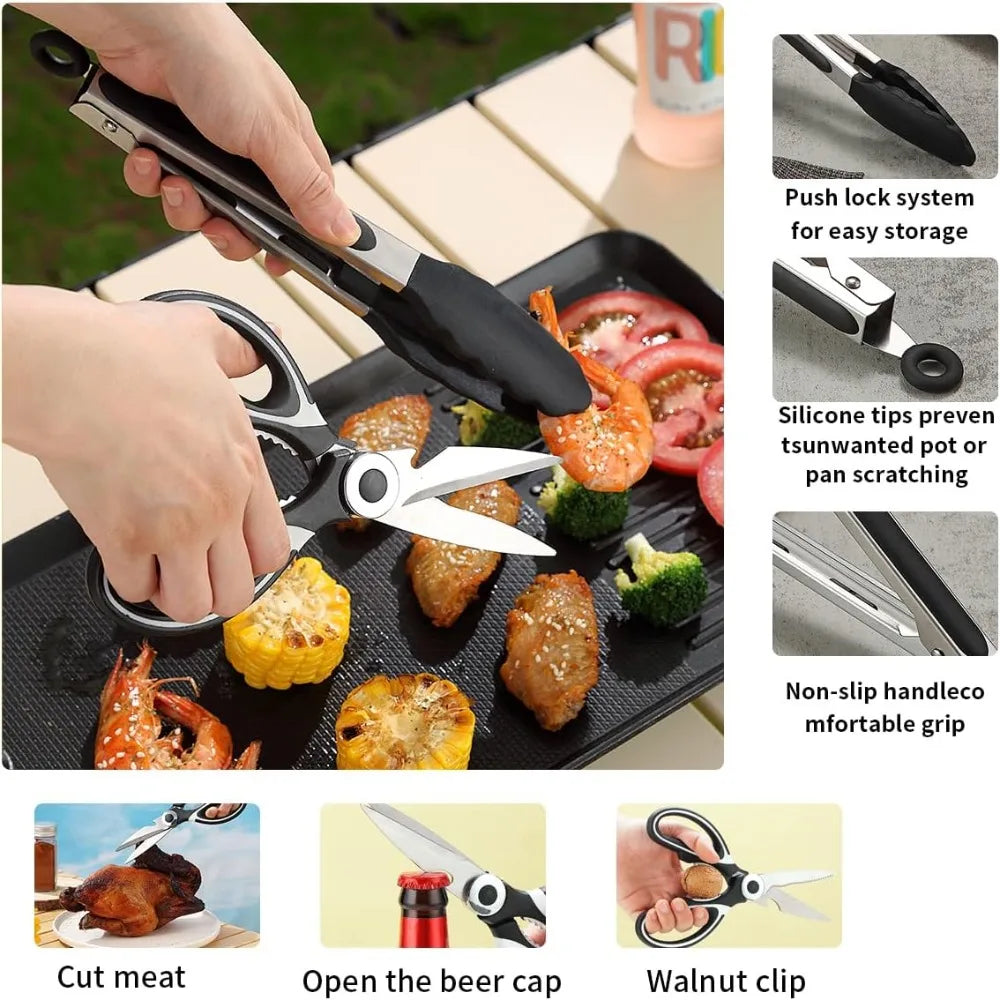 Portable Camping Kitchen Utensil Set - 12-Piece Stainless Steel Cookware for Travel, Picnic, BBQ