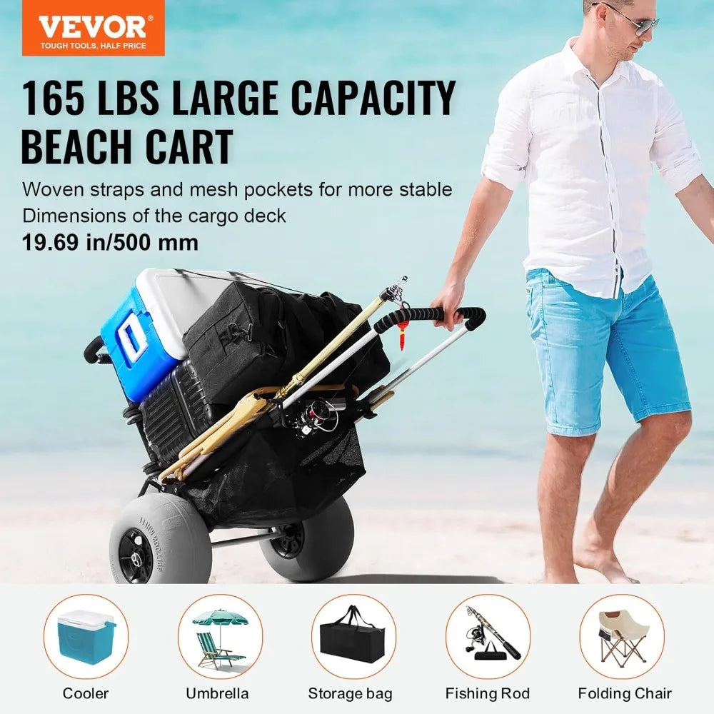 Heavy Duty Folding Beach Cart with Big Balloon Wheels, Adjustable Height, 165LBS Capacity for Sand and Outdoor Use