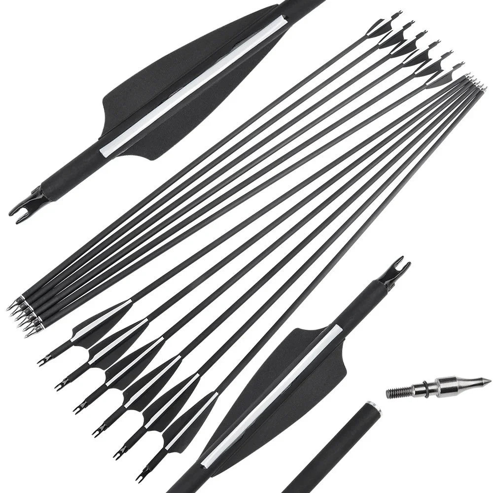 12pcs Archery Carbon Arrow SP500 Mixed Carbon 3 Inch Rubber Feather 100Grain Target Point for Compound Bow Shooting Hunting Acc