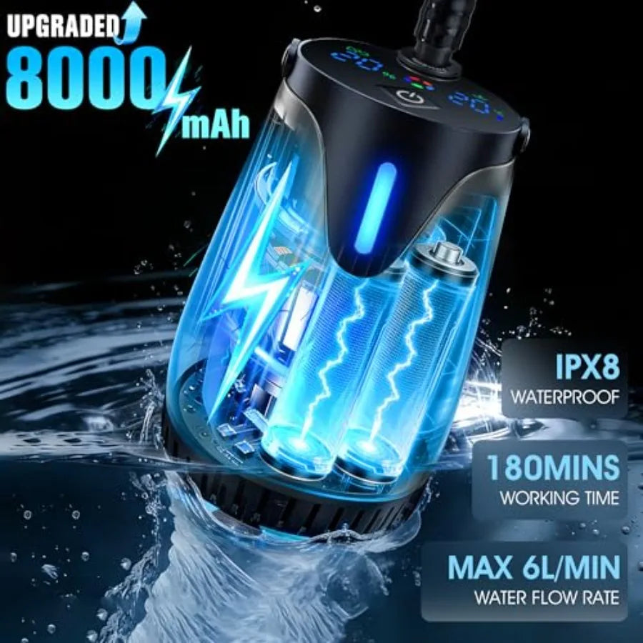 Portable Shower for Camping, 8000mAh Rechargeable Portable Camping Shower Pump with 6.6 Gallons Foldable Bucket, 5 Speed and LE