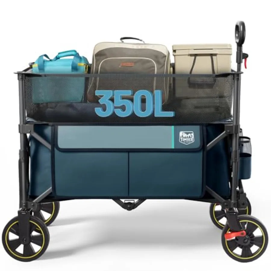 Outdoor camping utility wagon: 350L extra large collapsible folding cart with brake, heavy duty steel frame, blue color, extend