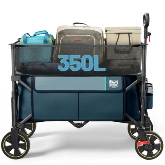 Outdoor camping utility wagon: 350L extra large collapsible folding cart with brake, heavy duty steel frame, blue color, extend