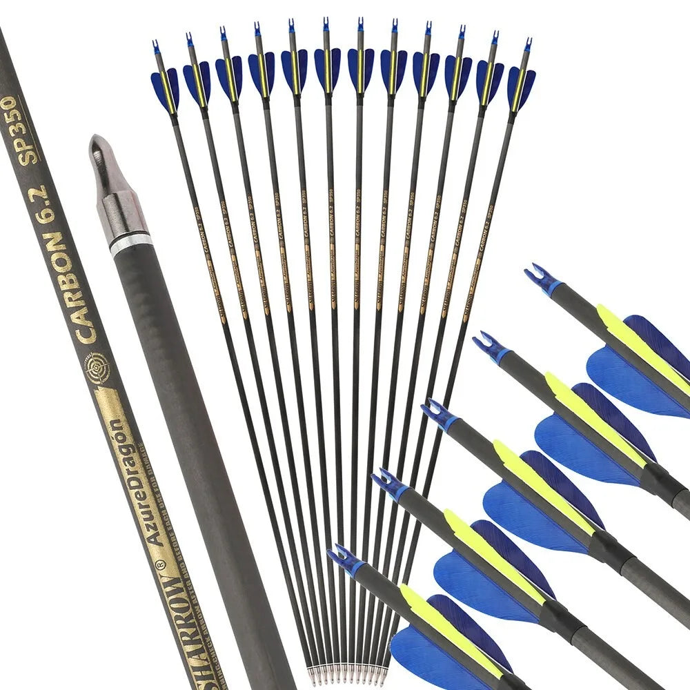 Pure Carbon Arrows 32 Inch Spine 500/600 ID6.2mm with 2 Inch Feathers for Compound Recurve Bow Hunting Shooting Accessories