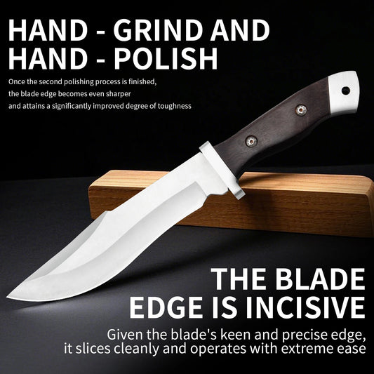 Stainless steel hunting knife with a wooden handle, paired with a black leather sheath, an essential tool for adventurers