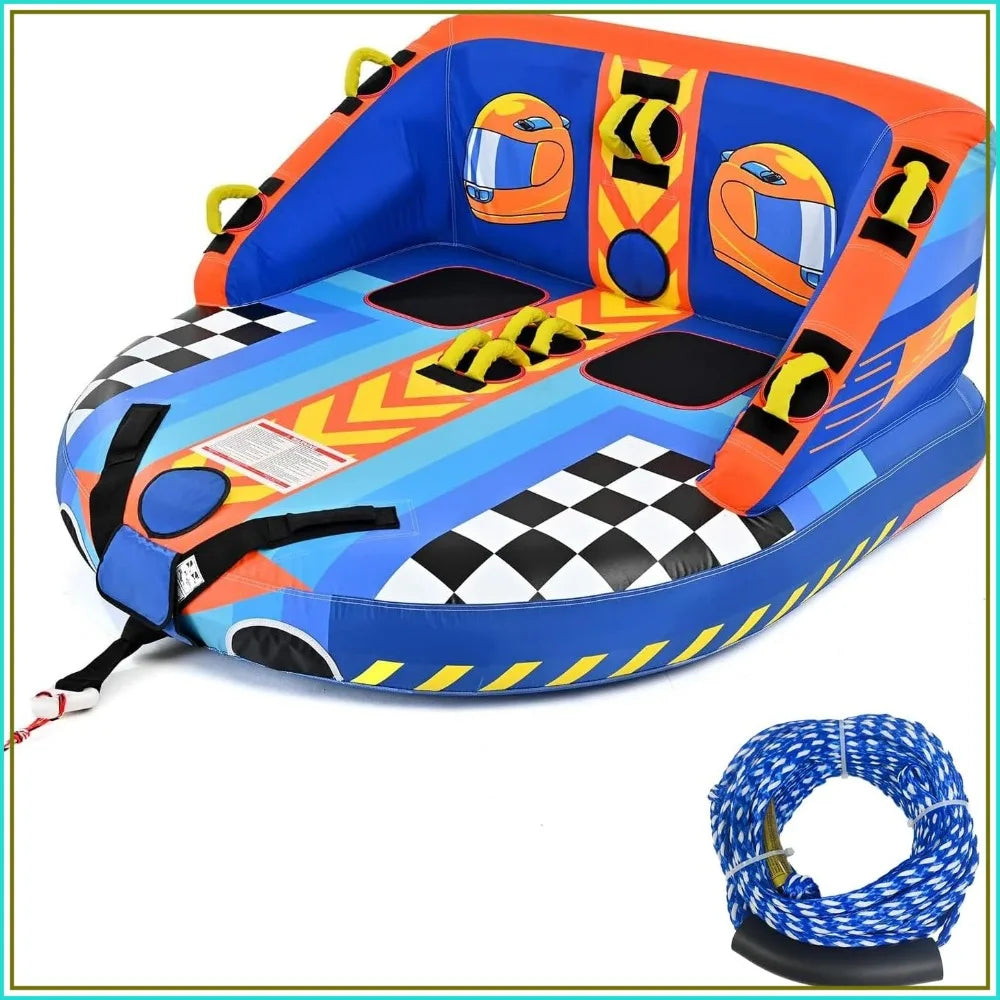 2-Person Inflatable Towable Tube for Boating - Heavy Duty with Dual Tow Points, Nylon Cover