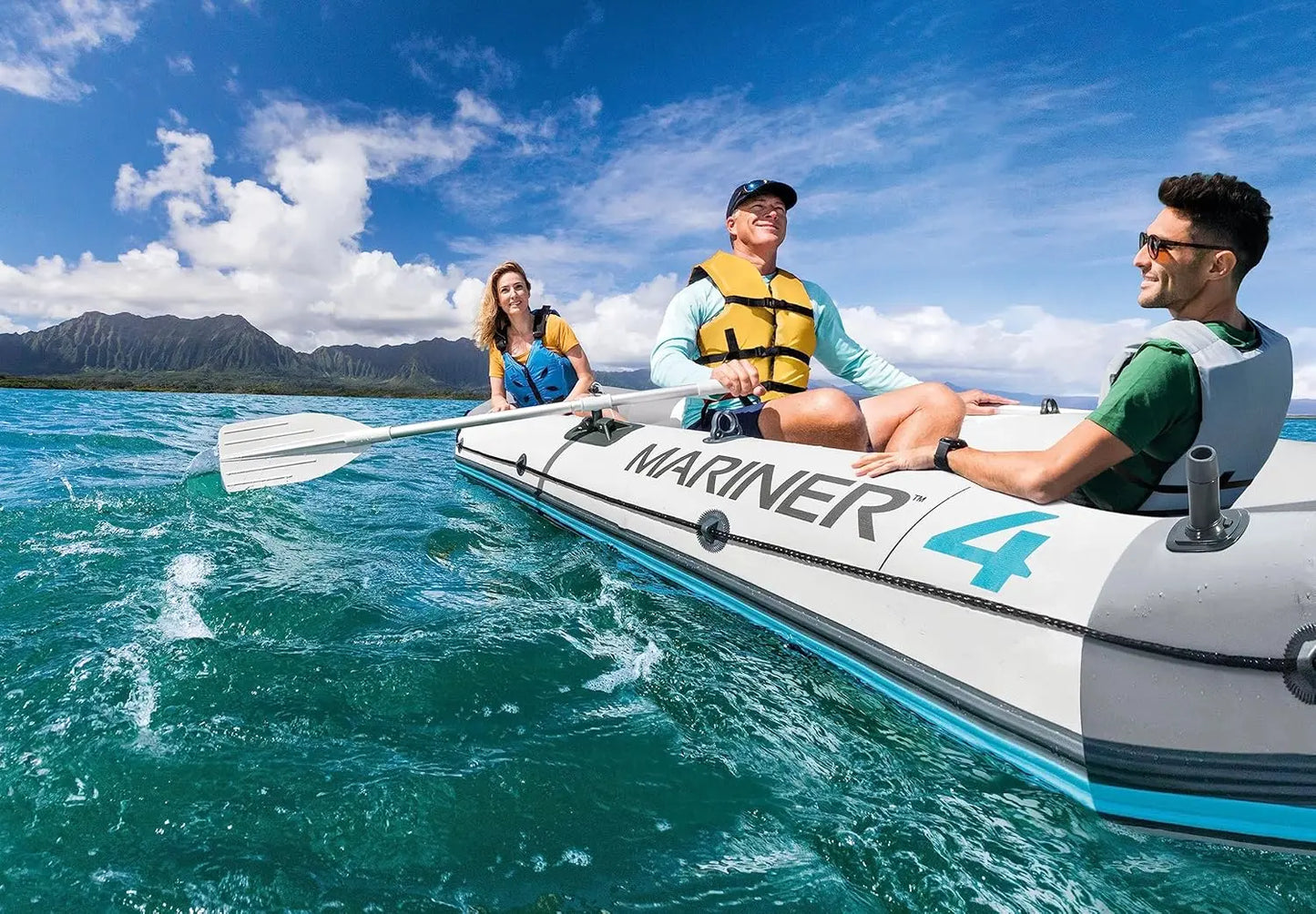 Inflatable Boat with Deluxe Oars and High-Output Pump, Heavy-Duty PVC, Wear-Resistant Keel, Removable Fishing Rod Holders, and Heavy Duty Grab Handle