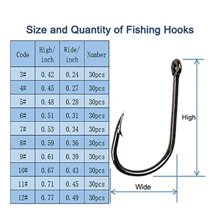 Fishing application, high-carbon steel, silver, 300PCS barbed hooks with holes in 10 sizes, portable boxed, adaptable to variou