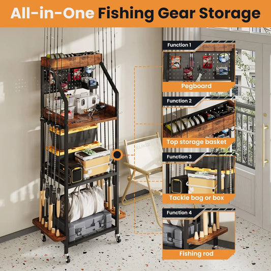 Garage fishing rod rack, three-tier fishing rod rack, rolling fishing rod storage rack with wooden tool box, fishing tackle rack