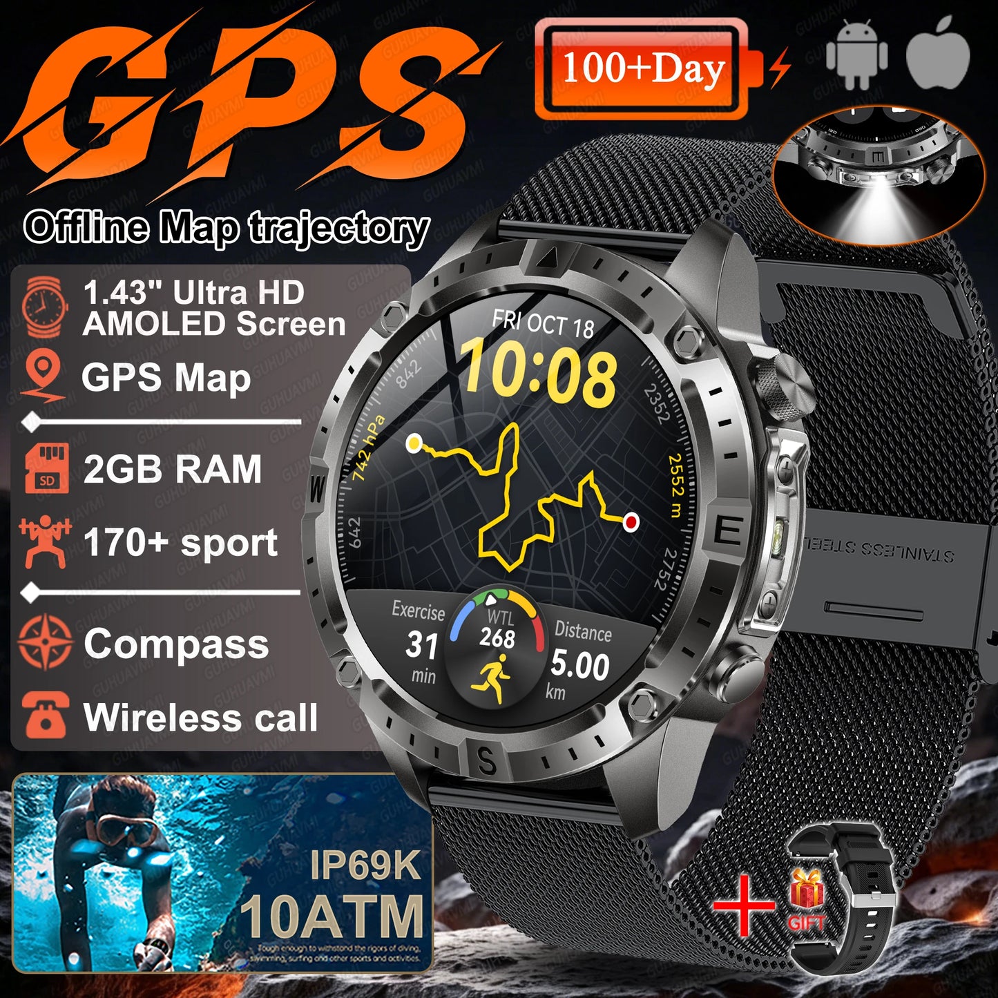 2026 NEW Outdoors Offline Map GPS Smart Watch L1+L2 Dual Band GPS Compass Cycling Run Swim Heart Rate 10ATM Military Smartwatchs